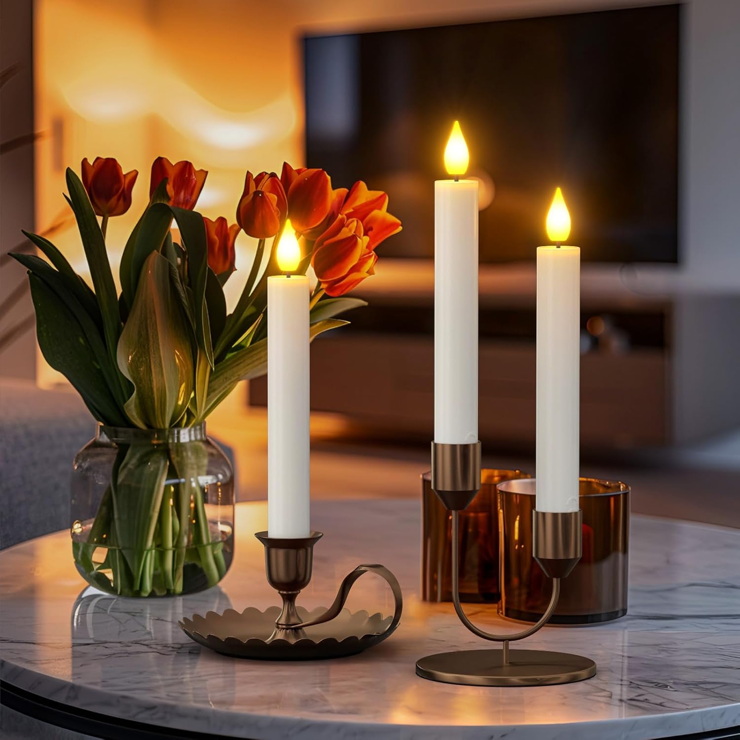 SoulBay 10pcs Flameless Rechargeable Taper Candles, Bright Realistic Flickering LED Electric Candlesticks with Charging Base and Remote Timer for Home Windowsill Christmas Decorations, 0.78" x 6.7" - Image 6