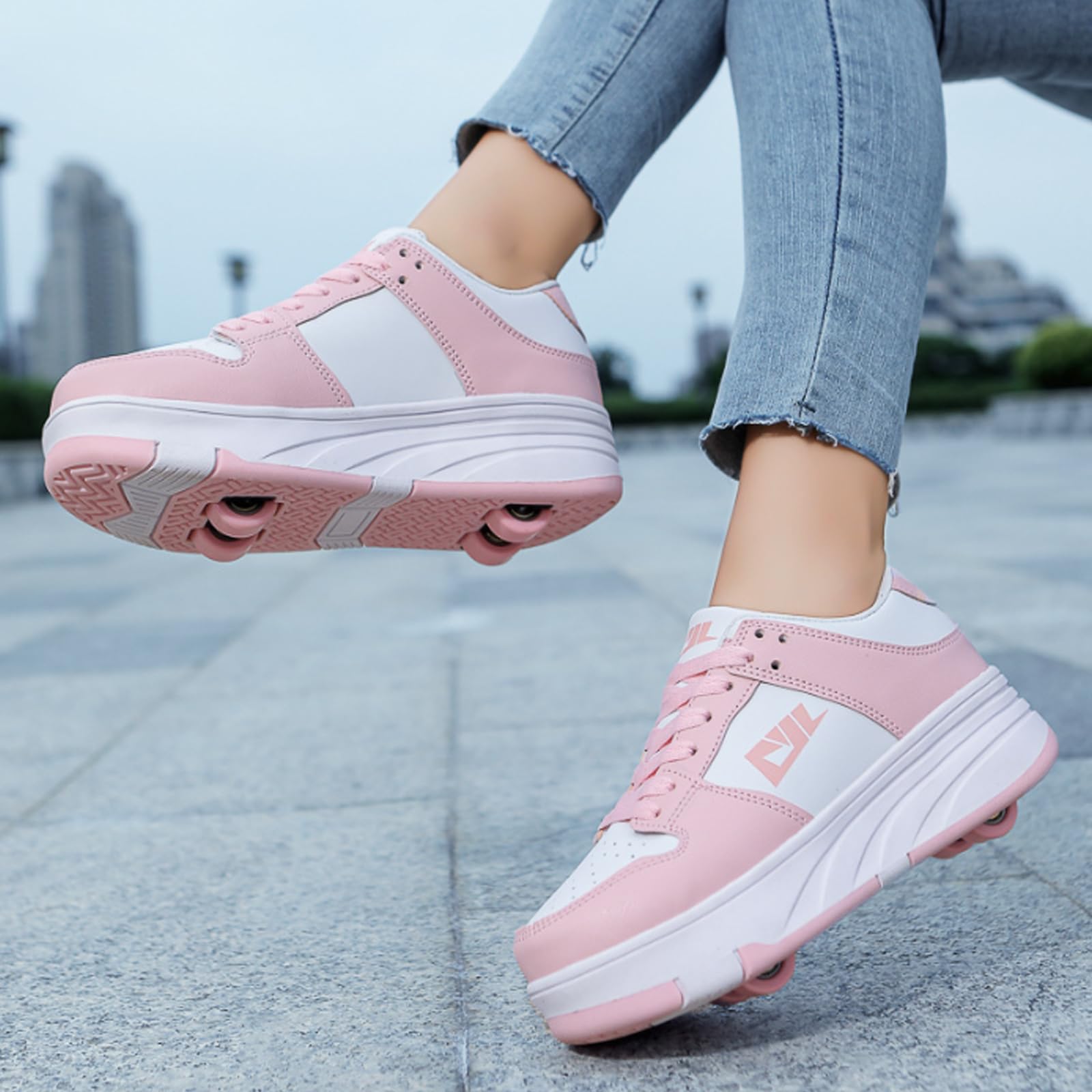 Hixingo Zapatillas con Ruedas Niña Niño, Zapatos con Ruedas Negro, Rosa Zapatillas Patines Zapatillas Ruedas Transpirable Zapatos Patines Calzado de Skateboarding Multifuncionales