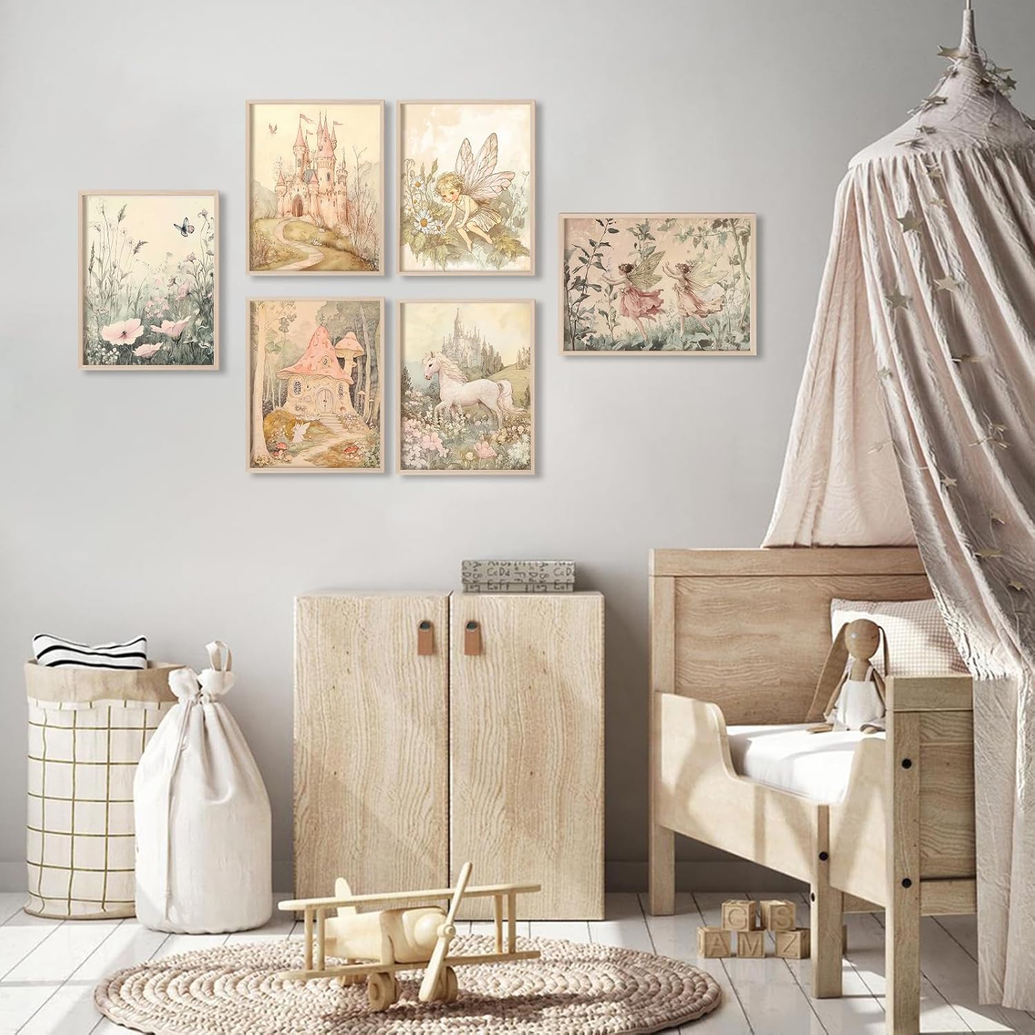 Vintage Fairy Nursery Wall Art Baby Girl Room Canvas Wall Decor Magic Forest Poster Fantasy Fairytale Prints Nursery Artwork Antique Magical Picture Flower Painting for Bedroom 12x16x6 Inch Unframed