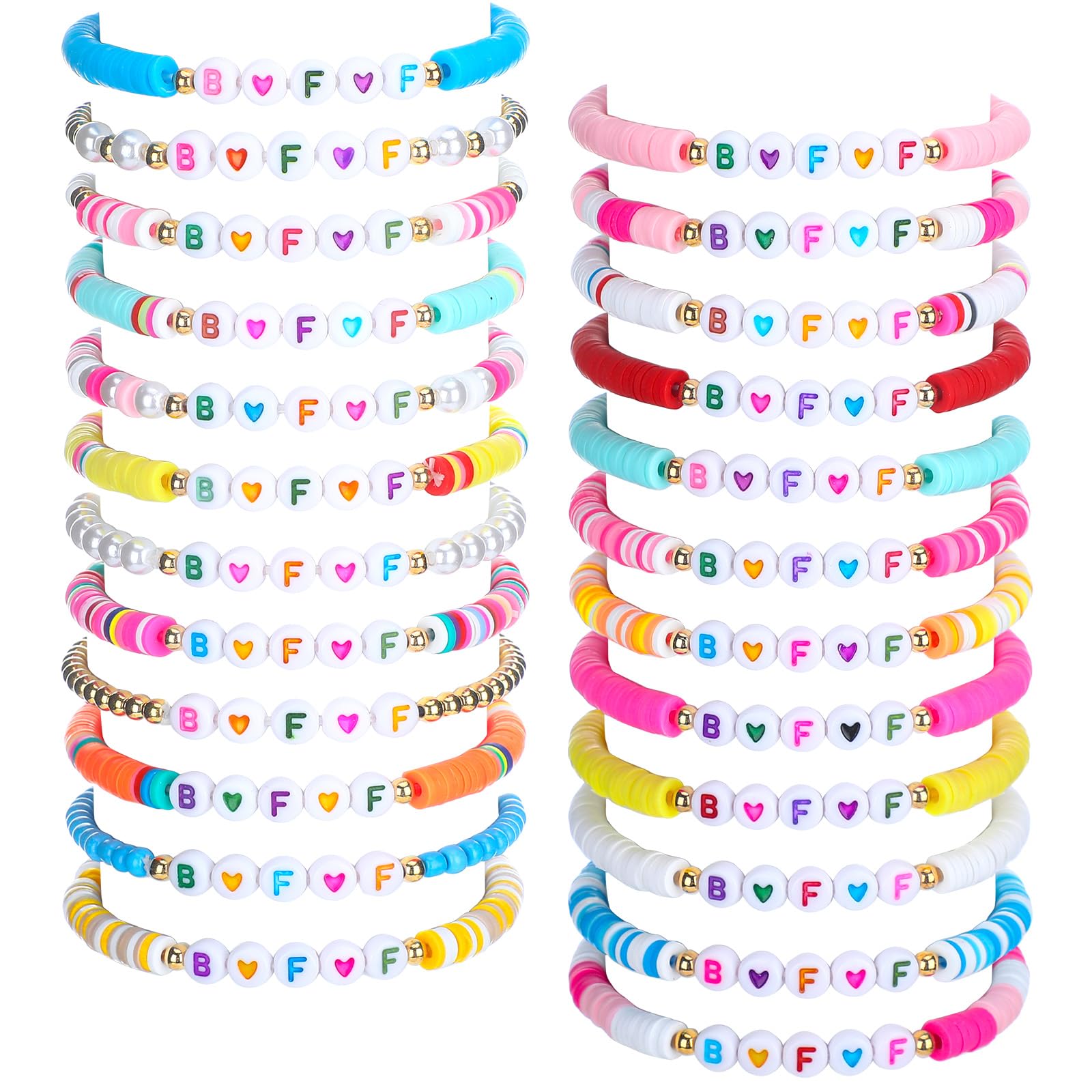 SureioSureio 24 Pcs Colorful BFF Bead Friendship Bracelets Bulk for Adults Stackable Clay Disc Colorful Stretch Bracelets for Boho Summer Beach Best Friend Jewelry Gift