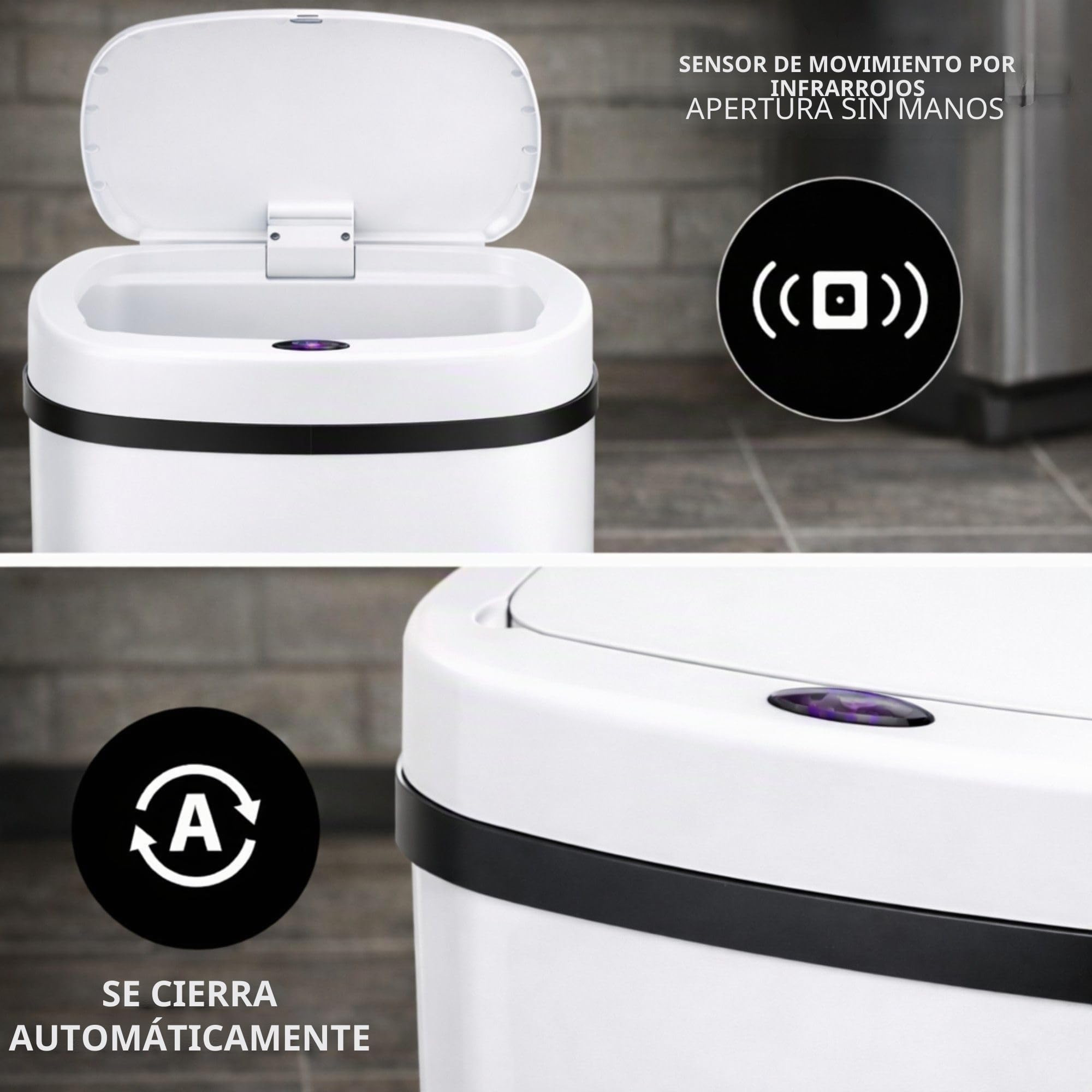 Bayt Cubo de Basura con Sensor 60 Litros - Papelera Automática Cocina sin Contacto, Gran Capacidad, Tapa Automática, Acero Inoxidable, Blanco