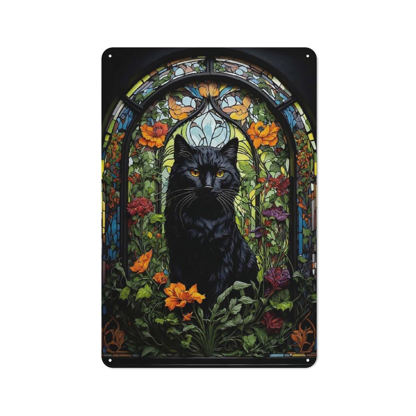 Junmoney Black Cat Stained Glass Retro Tin Sign 30X20cm Featuring For Home Bar Wall, For Collectors Decorating Home Bars And Entertaining Spaces