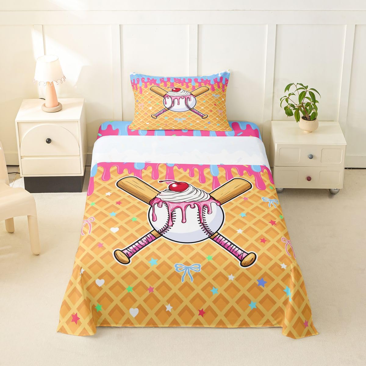 Castle Fairy Baseball Cap Bed Sheets Twin Size,Ice Cream Cherry Plaid Print Easy Wash Bedding Set,Cute Sweet Sports Style Kids Room Decor,Pink Yellow Sheet(Fitted+Flat+1 Pillowcase)