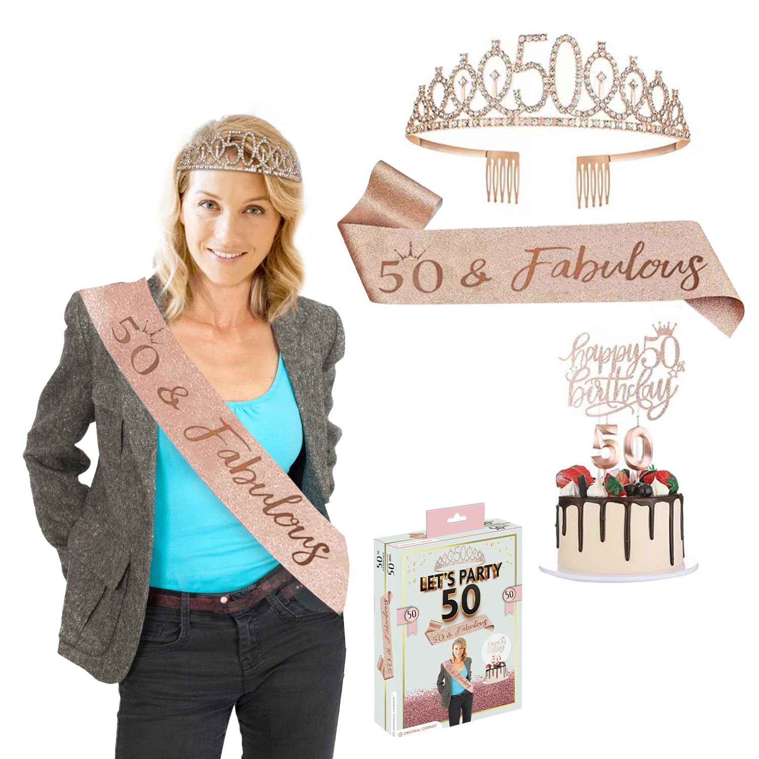 Bday® 50 Year Old Woman Birthday Kit | Miss Scarf Rose Gold | Crown Tiara with Rhinestone | Candles Number 50 | Girl Party Accessory | Cake Topper | Photobooth | Gift | OriginalCorner®