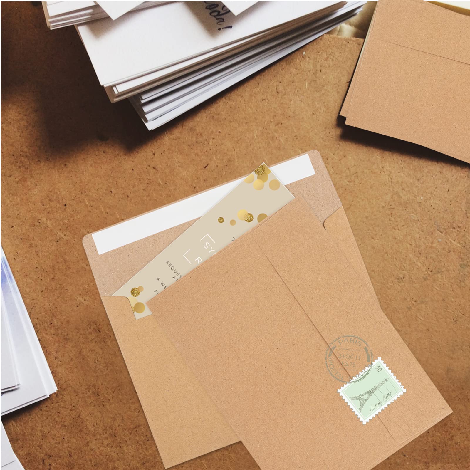 Paquete de 70 sobres de invitación A2, sobres de papel kraft marrón, sobres para tarjetas de 4.5 x 5.5 pulgadas, sobres para invitaciones, sobres autosellados para fotos RSVP, tarjetas de felicitación