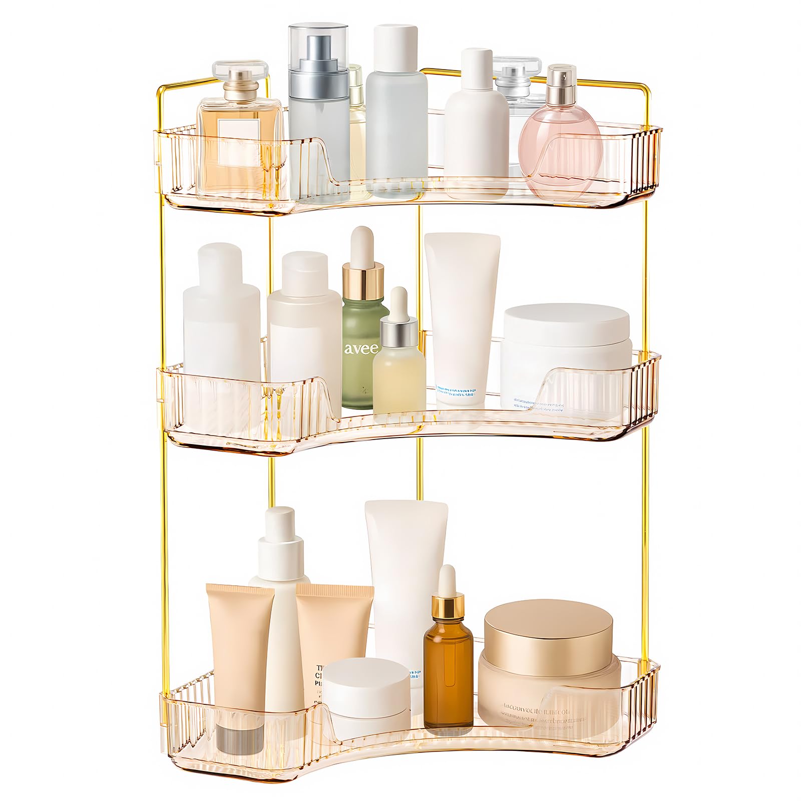 SUNNYNEST 3-Tier Corner Vanity Organizer with Gold Accents - Translucent Acrylic Makeup & Skincare Storage Shelf for Bathroom Counter, Shower, and Kitchen