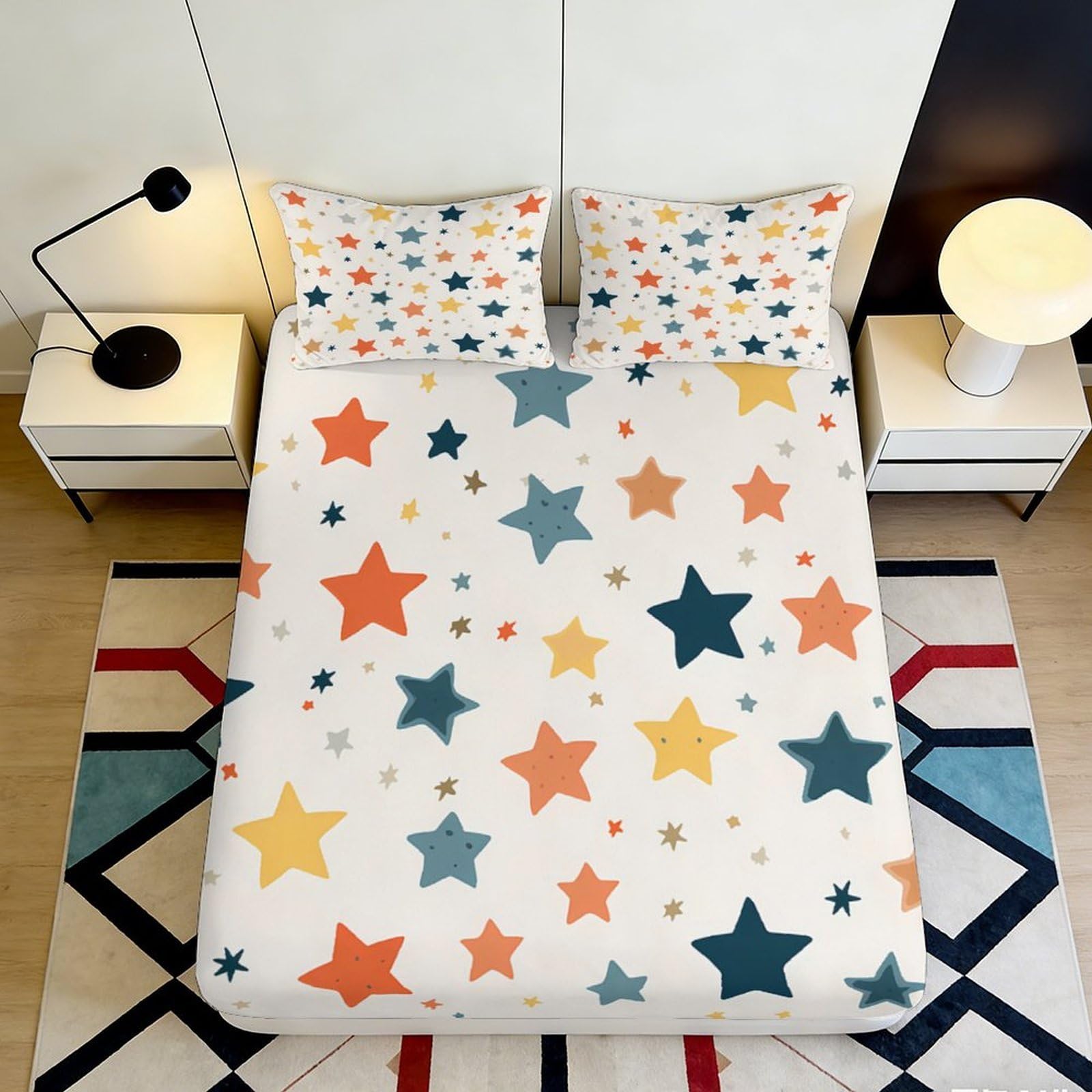 3D Printed Colorful Star Pattern Fitted Sheet Microfiber Soft Breathable Mattress Cover for Bedroom Guestroom Decor 90x200x25cm