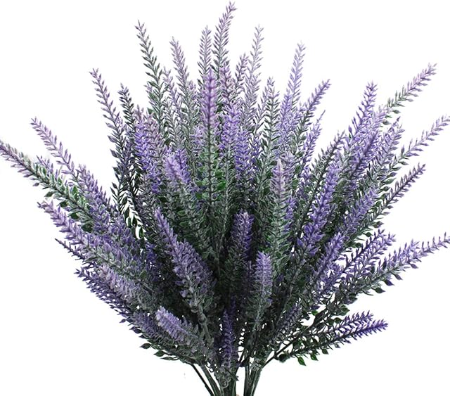 JaneYi 6 Pieces Artificial Lavender Plant Purple Plastic Lavender Flowers Fake Lavender Bridal Bouquet Faux Floral Arrangement for DIY Indoor Outdoor Home Vase Patio Garden Wedding Party Decor