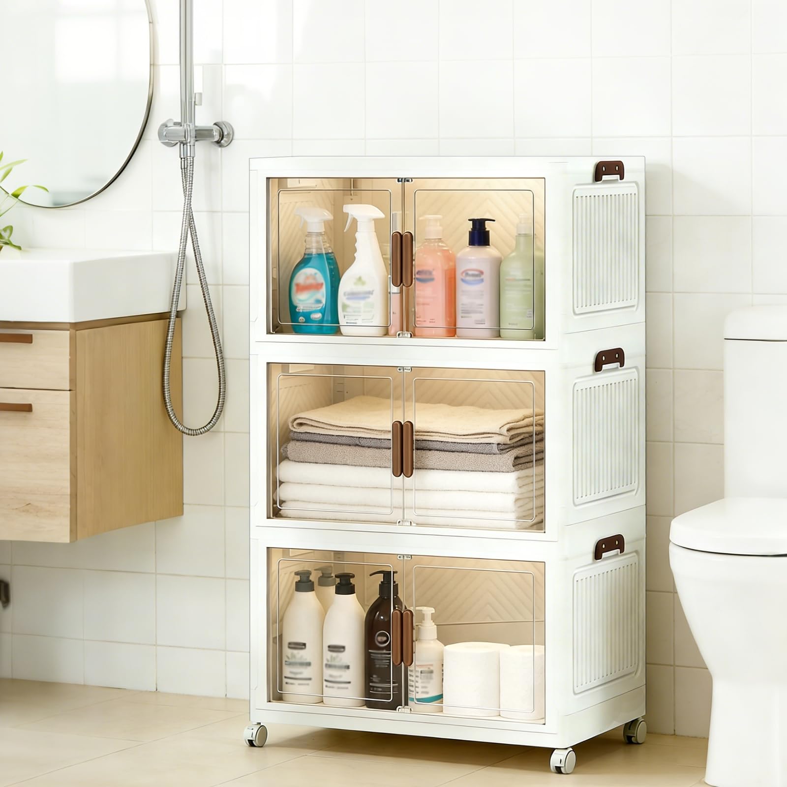 Cajas de almacenamiento de 3 niveles con tapa, contenedores de almacenamiento apilables de 26 litros con ruedas y puertas, organizador de plástico plegable para dormitorio, sala de estar