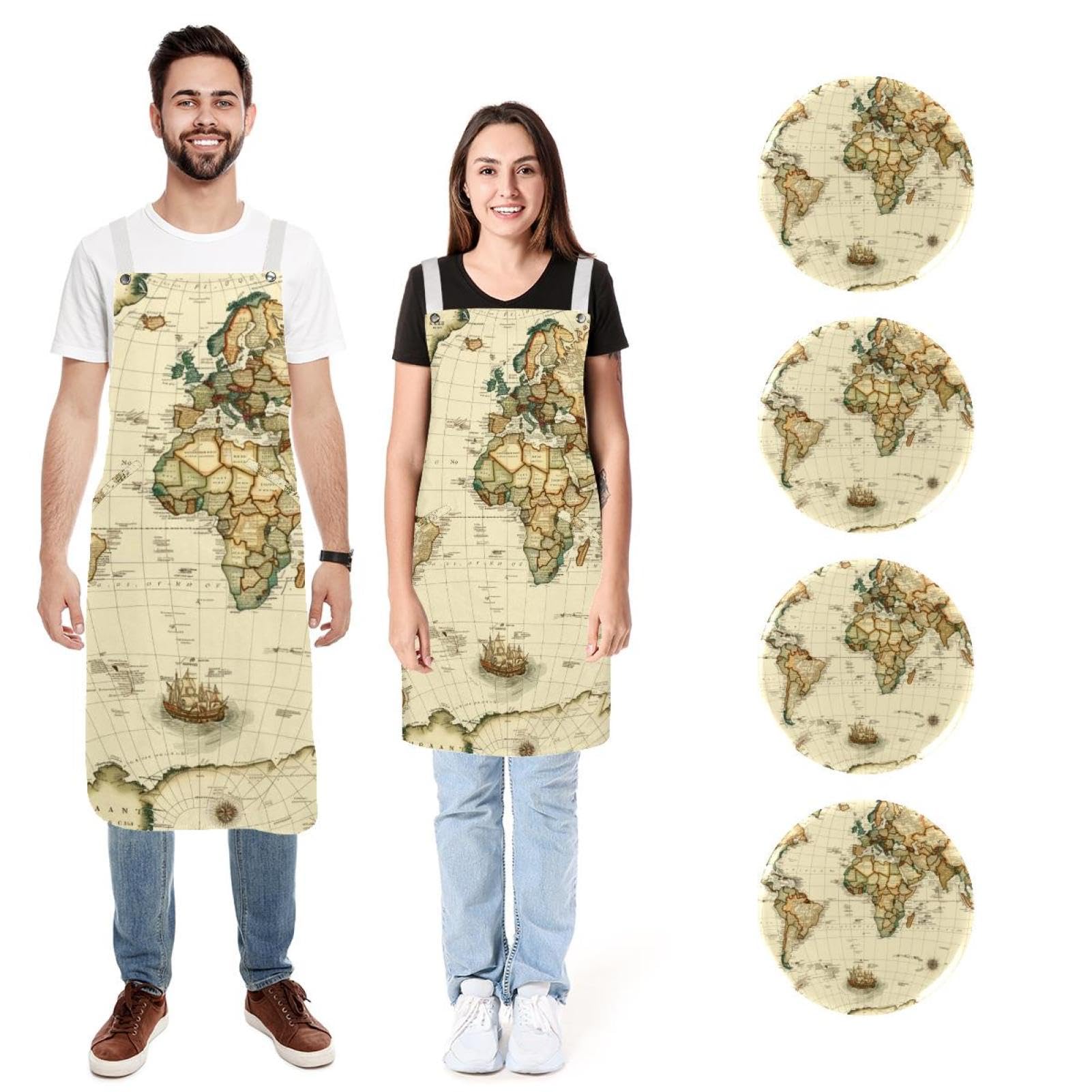 Lot de 2 tabliers de cuisine imperméables et réglables avec 2 poches pour homme et femme Motif carte du monde, Carte du monde antique, L:26.2x34.6in/66.5x88cm;M:26.2x26.6in/66.5x67.5cm