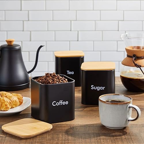 Miniatura 9 de Juvale Juego de recipientes de té y azúcar, juego de recipientes de cocina de hierro blanco con tapas de bambú (3 piezas, 48 onzas)