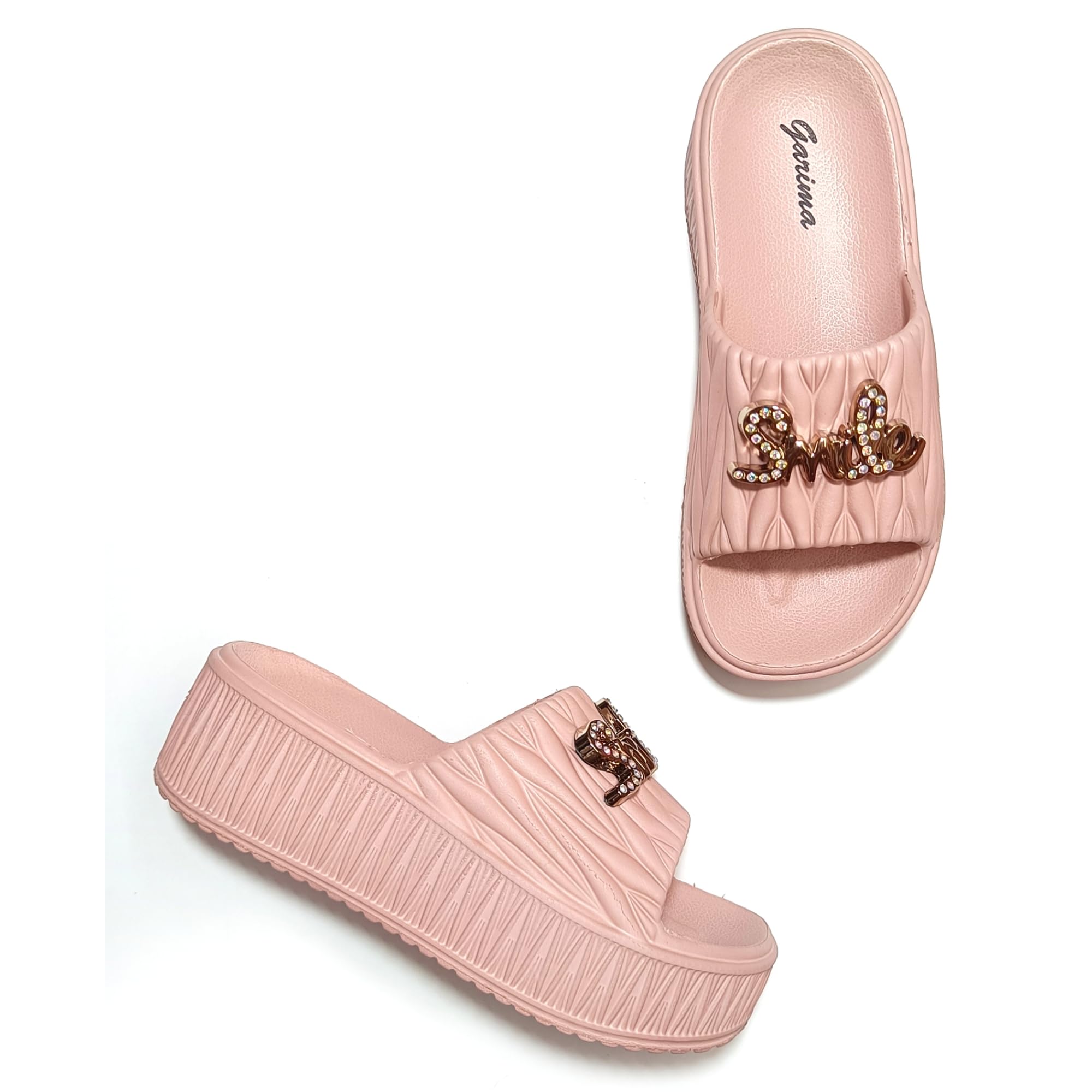 Women's Platform Slide Sandals | Soft Cushioned Slip-On Slippers | Lightweight Open Toe Comfort Slides | Thick Sole Casual Indoor & Outdoor Footwear with Rhinestone Smile Design | Pink and Black-image-10