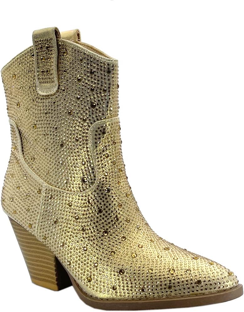 ABSOLEX Women Western Cowgirl Cowboy Pointed Toe Rhinestone Ankle Booties