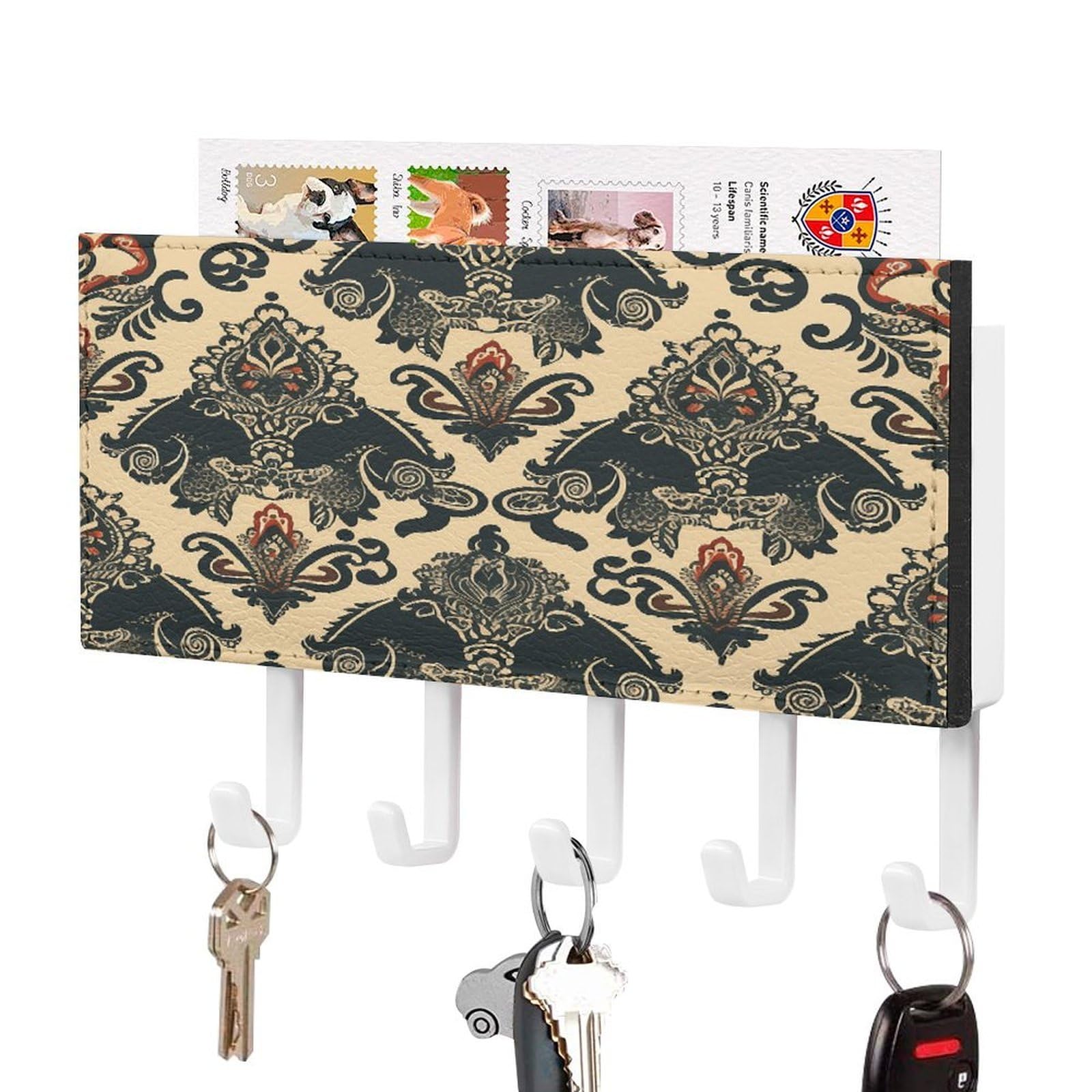 Fekiloot White-Style Asian Elephants Key Holder Wall Mount Key Hanger With 5 Hooks Decorative Key Rack Hanging Key Hooks With Mail Organizer Key Holder For Wall Living Room Kitchen Bathroom Hallway White
