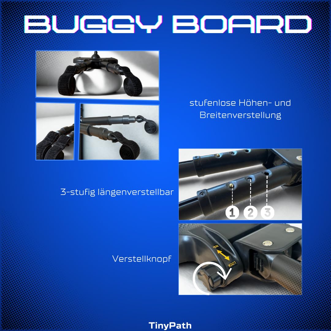 TinyPath Kinder Buggy Board - Universelles Trittbrett 14cm Sitz für alle Kinderwagen & Reisebuggys | Geschenkidee | Sicher, stabil & rutschfest | Einfache Montage | Kinderwagen-Zubehör