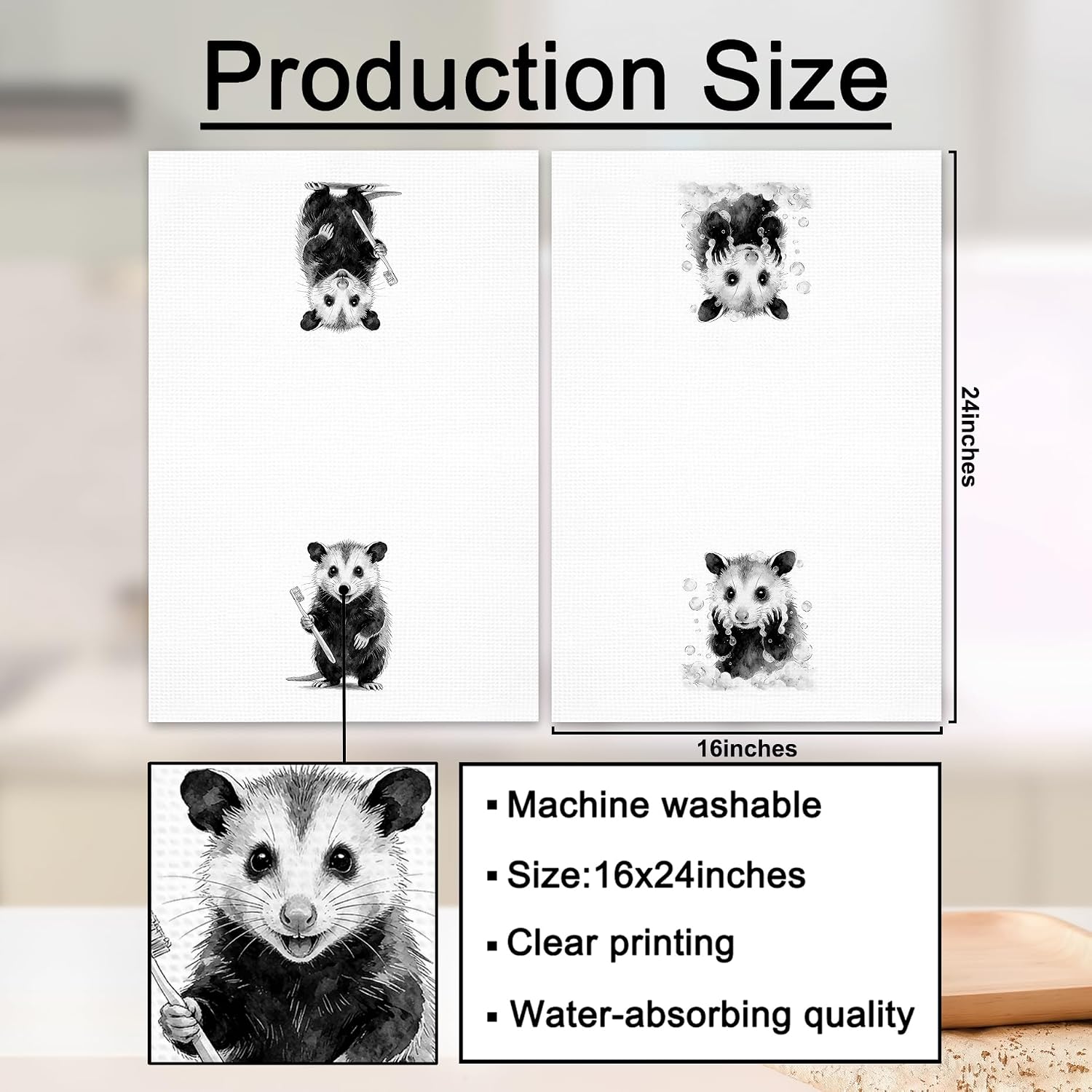 Funny Opossum Hand Towels, Opossum Gifts Towel for Bathroom, Animal Lovers Gifts, Farmhouse Black and White Possum Wild Animals Hand Towel for Bathroom, 16x24 Inch Set of 2
