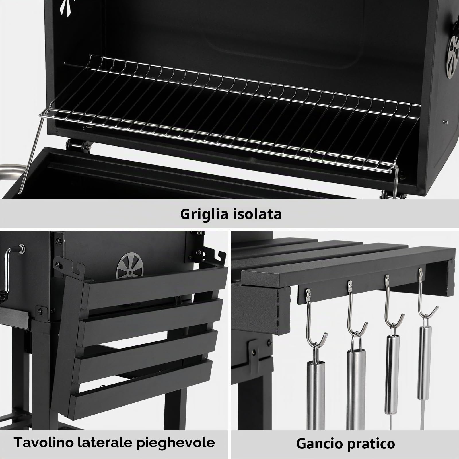 LIFERUN Barbecue Carbonella XL, Barbecue a Carbonella con Coperchio, Griglia per Barbecue con 2PCS Ruote, Termometro, Grande BBQ Smoker con Carrello per Campeggio, Giardino
