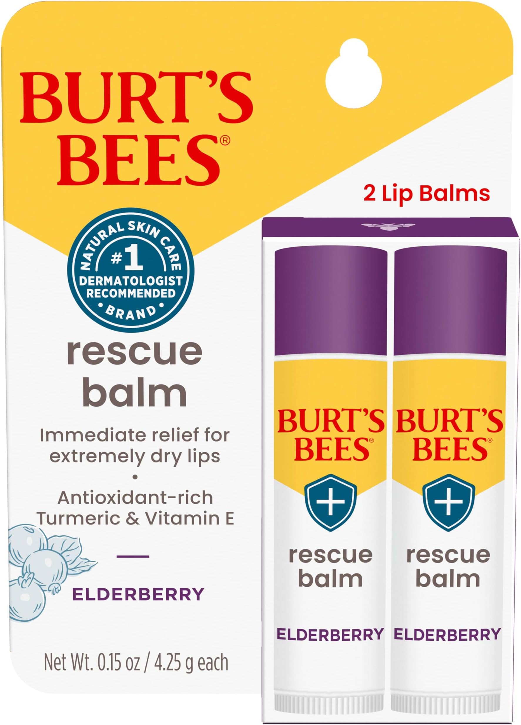100% Natural Origin Rescue Lip Balm with Beeswax and Antioxidant-Rich Elderberry, 2 Tube in Blister Box, Package May Vary, Purple, 0.15 Oz