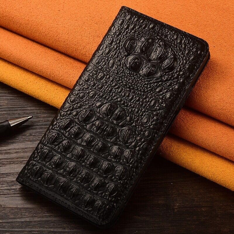 Étui à rabat iPhone 13 cuir véritable noir housse clapet croco