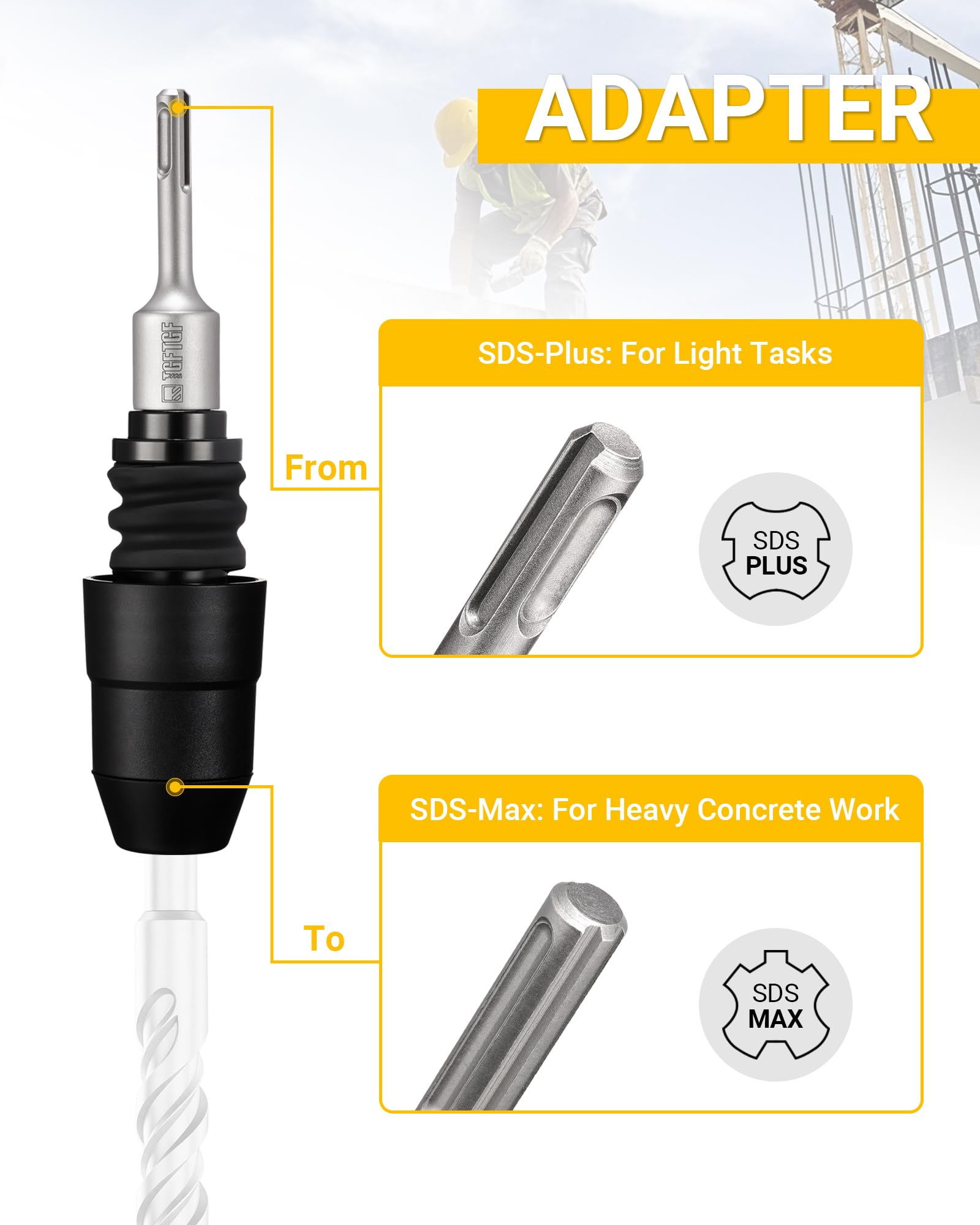 TGFTGF Adaptador SDS-Plus a SDS-Max, adaptador de aleación de acero de 8-1/4 pulgadas para taladros de martillo giratorio, adaptador de broca duradero para trabajos de hormigón y demolición, hogar