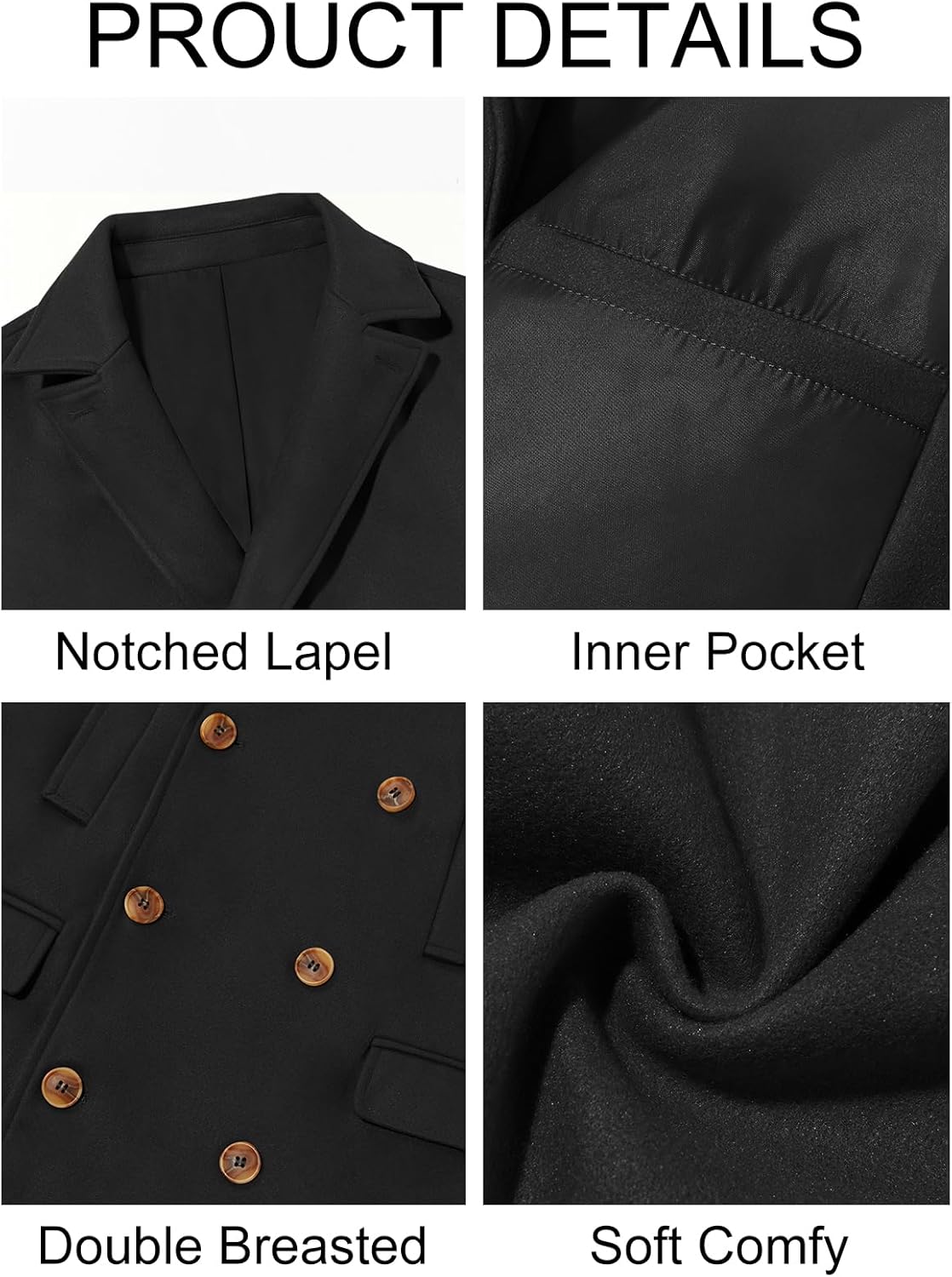 Runcati Mens Trench Coat Notch Lapel Slim Fit Double Breasted Casual Long Business Pea Coat Overcoat - Image 5