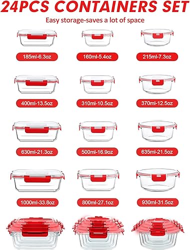 Miniatura 2 de VERONES Juego de 12 paquetes de recipientes de vidrio para almacenar alimentos, recipientes de vidrio herméticos para almuerzos, recipientes de