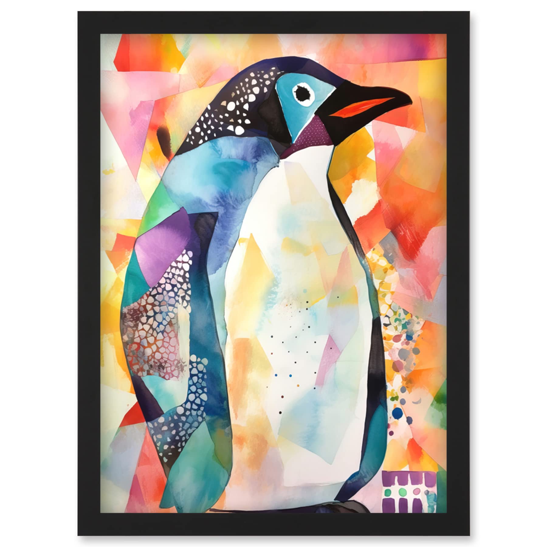 Artery8 Polygon Colour Penguin Folk Art Artwork Framed Wall Art Print A4