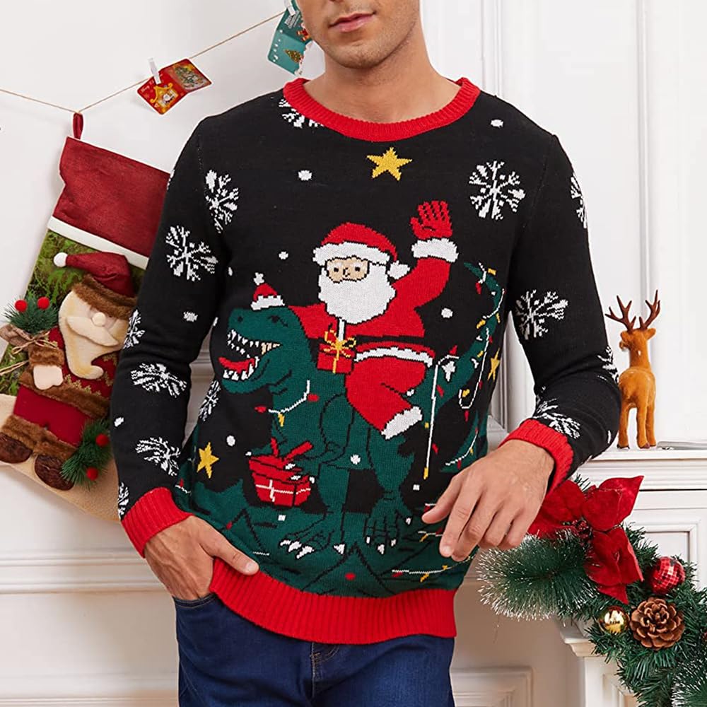 Bseical Weihnachtspullover Herren Lustig Hässliche, Ugly Christmas Sweater, Xmas Strick Pullover Dino Weihnachtsmann Sweatshirt Lange Ärmel