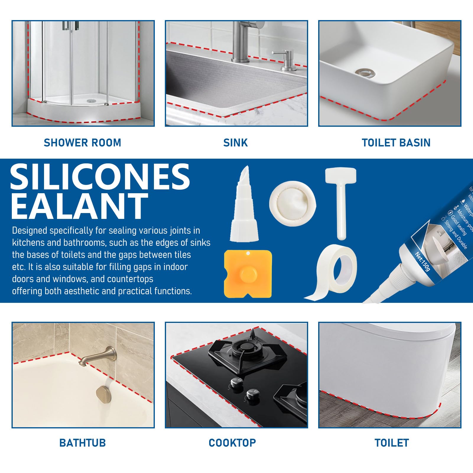Silicone Bagno Bianco Bagno Silicone Bianco Bagno Silicone Silicone Bagno Cucina Silicone Bottoni Impermeabili per Sigillare Cucine Bagno e Cabine Doccia (150g)