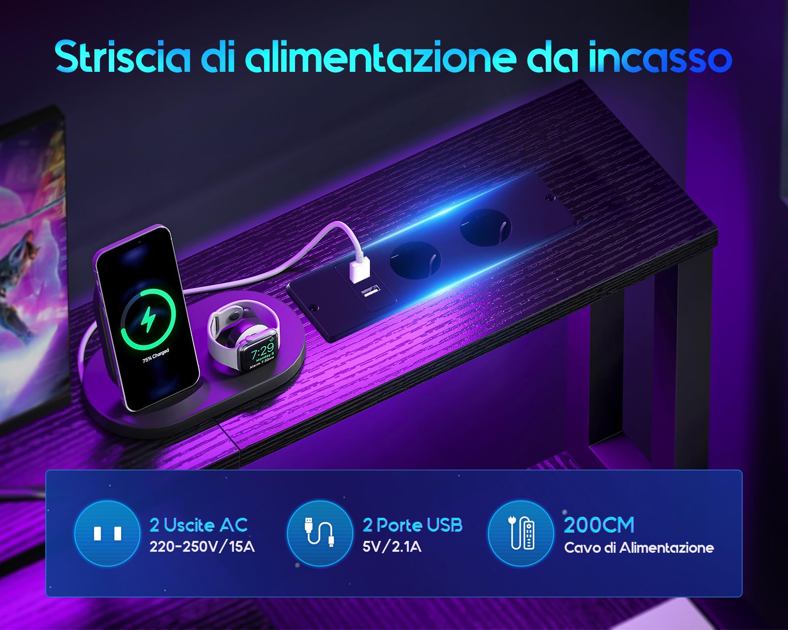 Coleshome Scrivania Gaming con LED e Prese, 140x48cm Scrivania con 2 Cassetti, Tavolo Computer Reversibile con Supporto Monitor e Vassoio per Tastiera Ufficio Casa, Nero