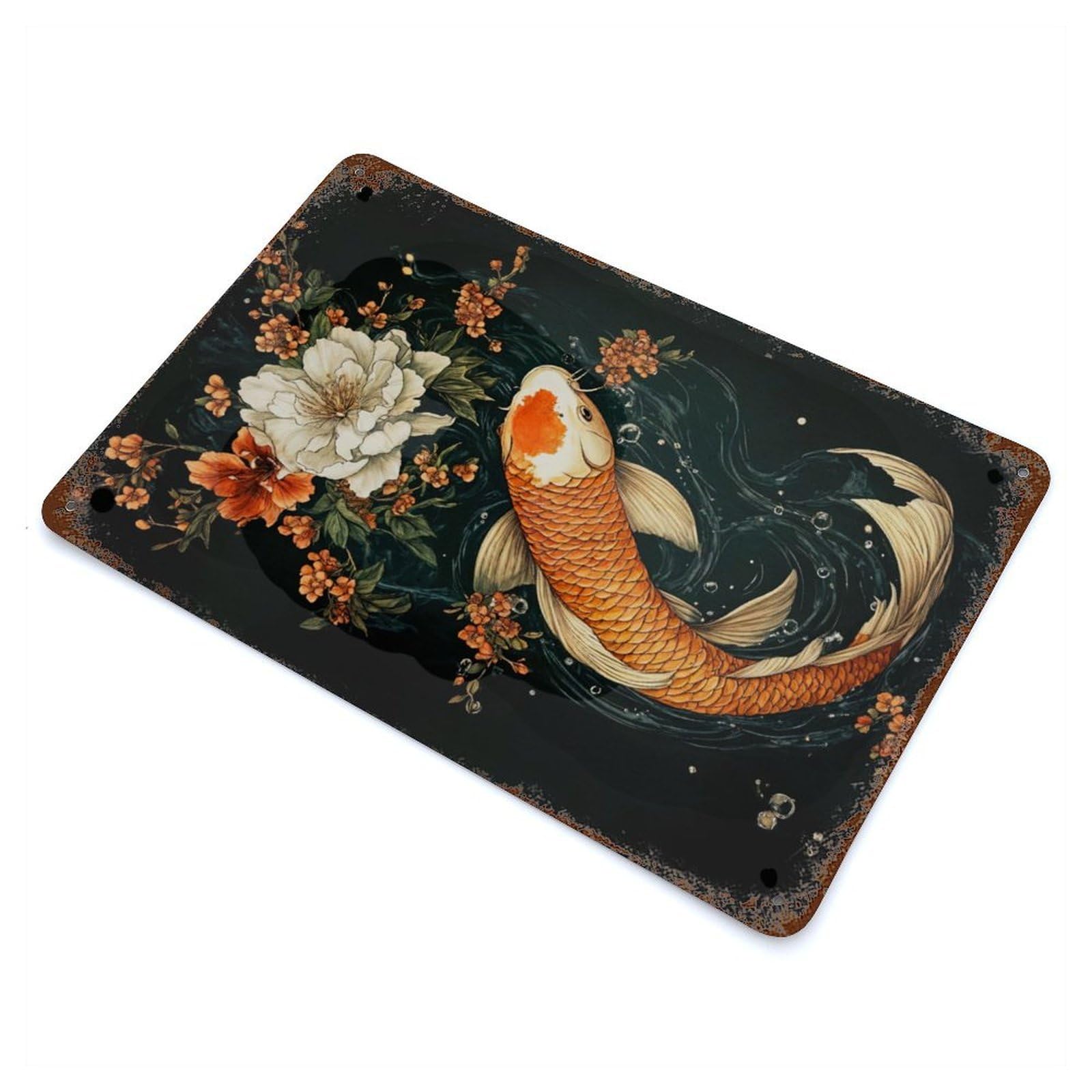 Koi Fish with Flowers Weathered Tin Sign 11.8"x7.9", Novelty Wall Decor for Garage, Pub Or Kitchen
