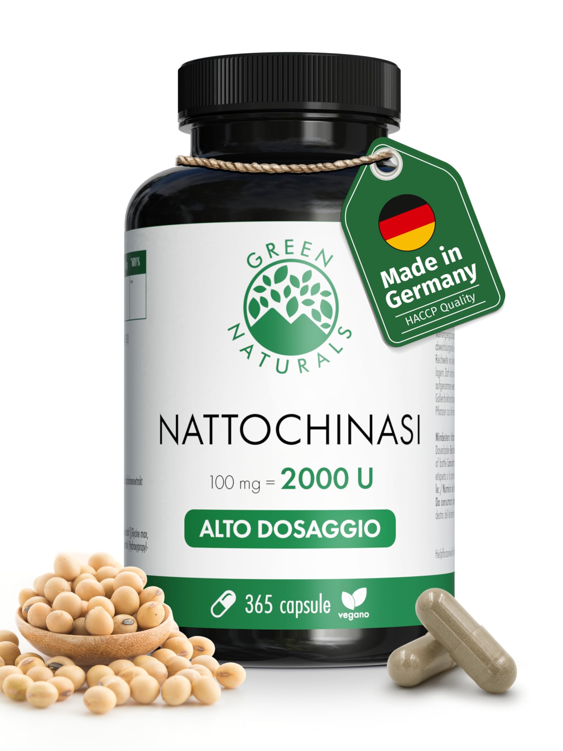 Green Naturals® Nattokinase (20.000 FU/g) – 365 capsule – Dosaggio elevato 100 mg con 2.000 FU per capsula – Qualità premium dalla Germania – Scorta 1 anno