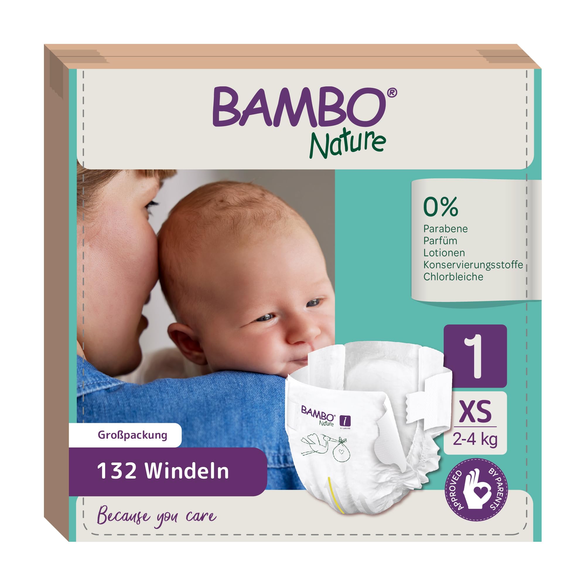 Bambo Nature Baby Windeln Größe 1 (2-4kg) 132 St. Monatsbox | Premium Diapers mit verbesserter Auslaufsicherheit | Ultimativer Komfort & Freiheit für Neugeborenes | Dermatologisch getestet Nappies