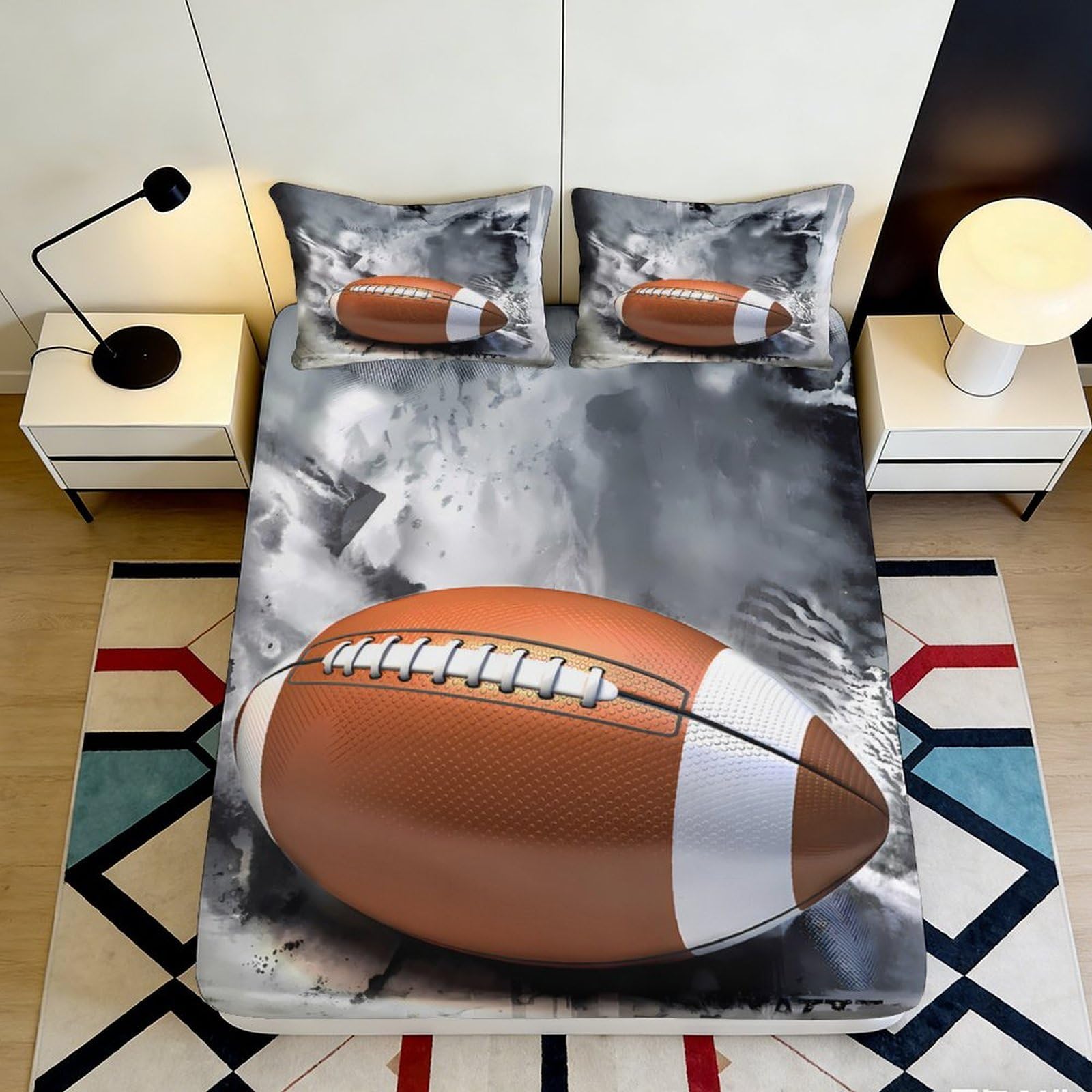 3D Printed American Football Fitted Sheet Microfiber Soft Breathable Stadium Night Bed Cover for Bedroom Dorm Mattress Decor 90x200x25cm