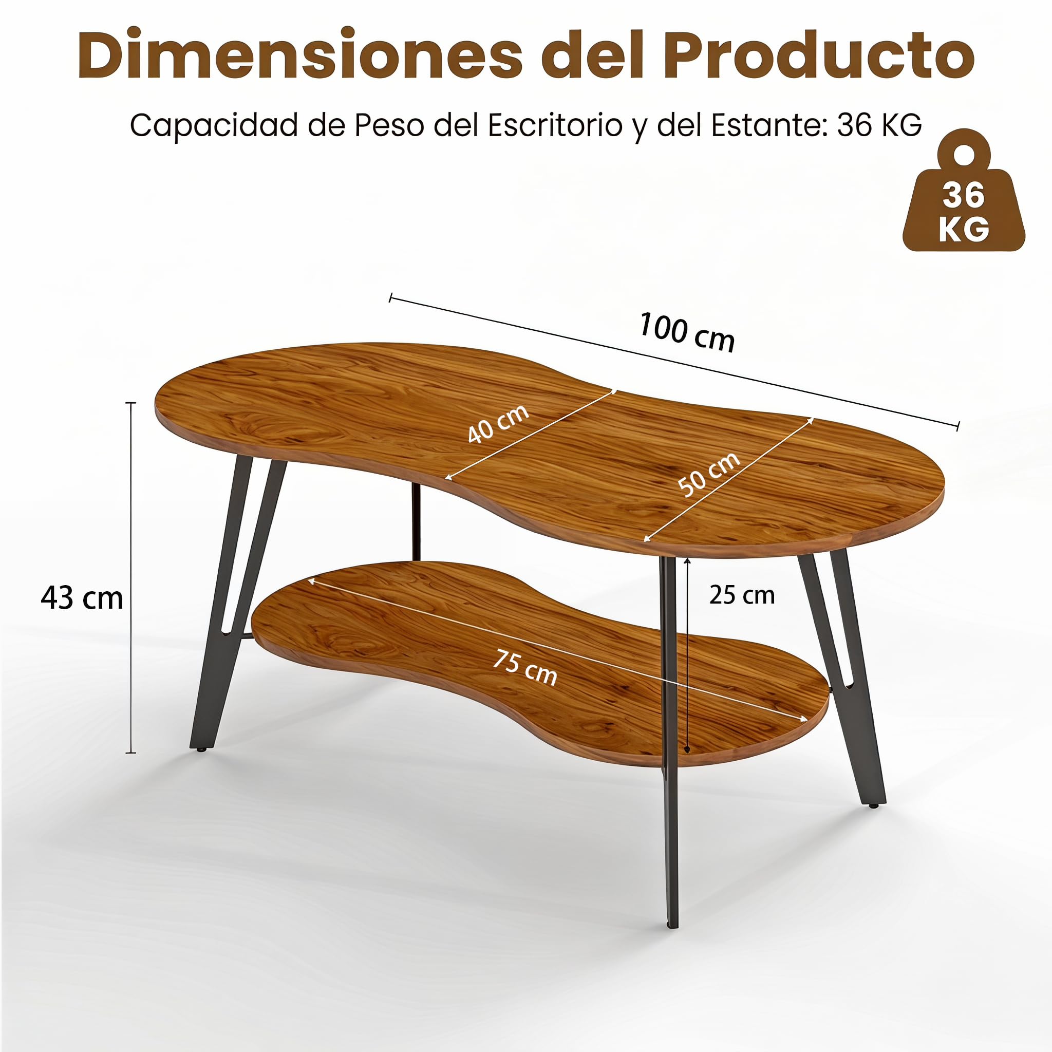 Manora Mesa de Centro Moderno, Mesa de Salón Industrial Ovalada con Almacenamiento, Mesa Baja Salón para Salón, Dormitorio y Oficina (Dos Plantas)