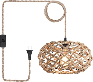 Coastal Woven Plug in Pendant Light Fixture with 14ft Handmade Woven Light Cord, Rustic Basket Handmade Hemp Rope Hanging Lamp for Bedroom Kitchen Island Farmhouse Living Room Home