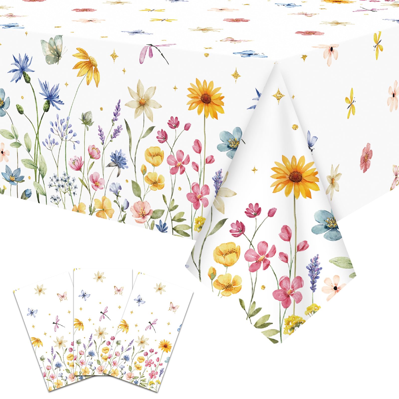 Pedenty 3-Piece 54 x 108 Inch Spring Floral Plastic Tablecloth – Wildflower and Butterfly Design, Disposable Rectangle Table Cover for Garden Parties,