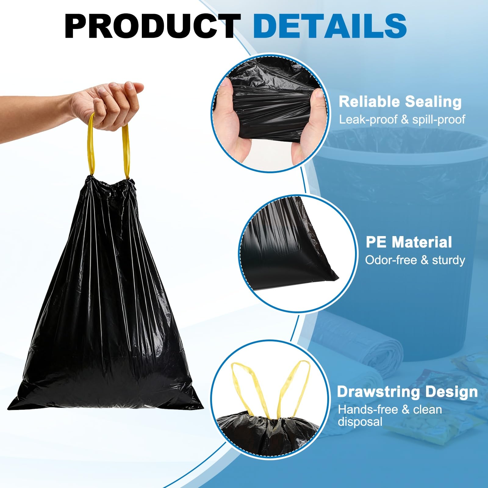 QUARKZMAN 120 Bolsas De Basura Con Cierre De Cordón, 8.7 Galones 24", Bolsas Para Cubo De Basura Sin Aroma Para Hogar Oficina Cocina Sala Dormitorio Coche, Negro
