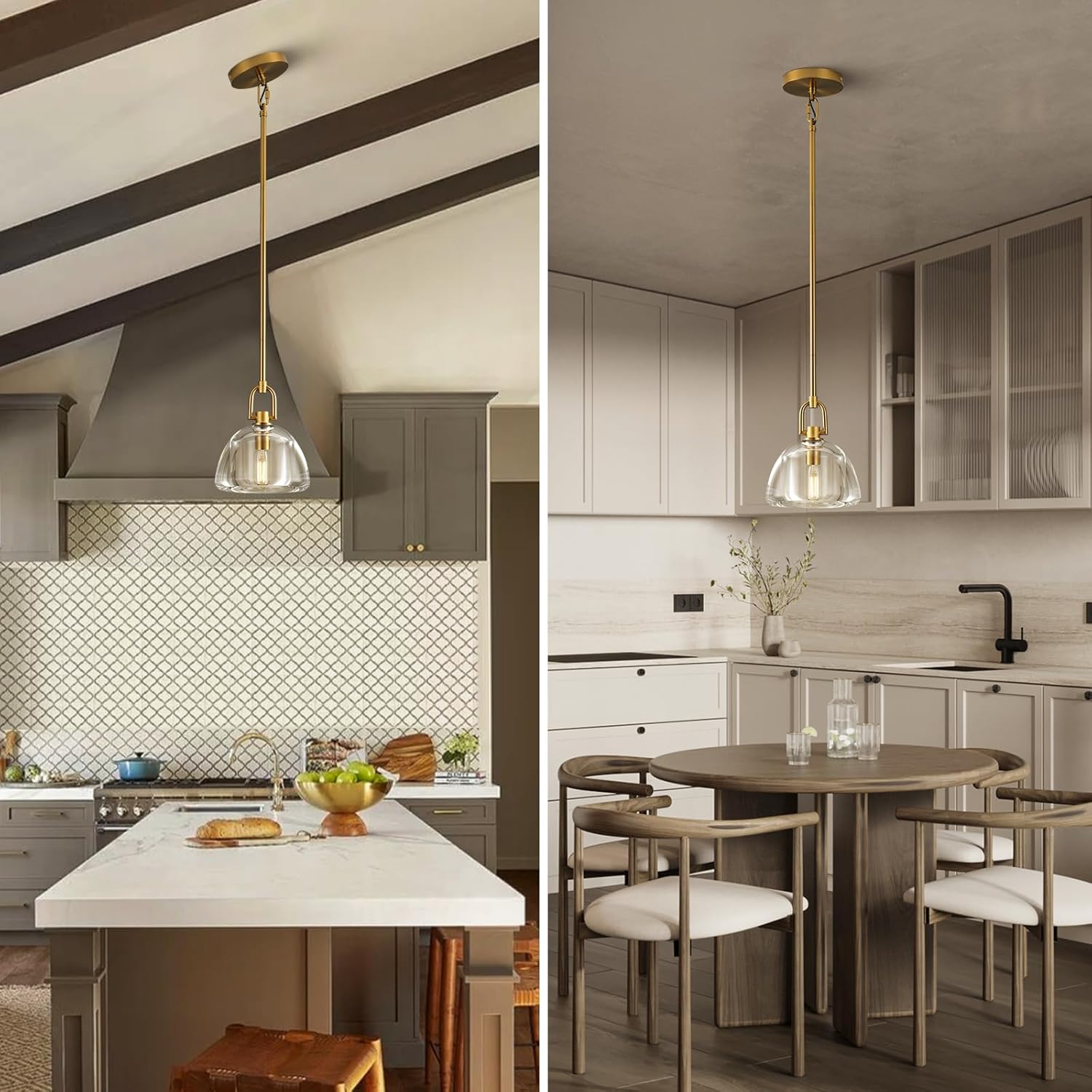 Pendant Light Fixture, 7" Glass Modern Brass Pendant Lights Kitchen Island, Hanging Glass Dome Pendant, Gold Kitchen Pendant Lighting Over Island,E12 Bulb Included, 2PCS