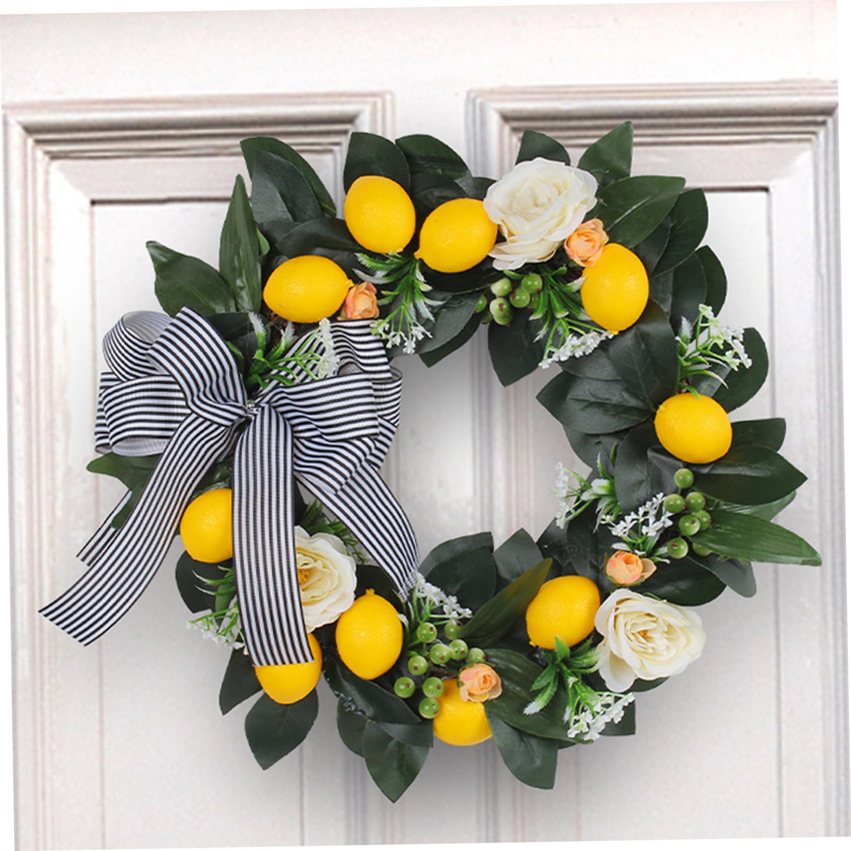 Lemon Wreath for Front Door, Vibrant Artificial Lemon & Berry Wreath with Bow, All-Season Door Decor, 16.9 Inch Round