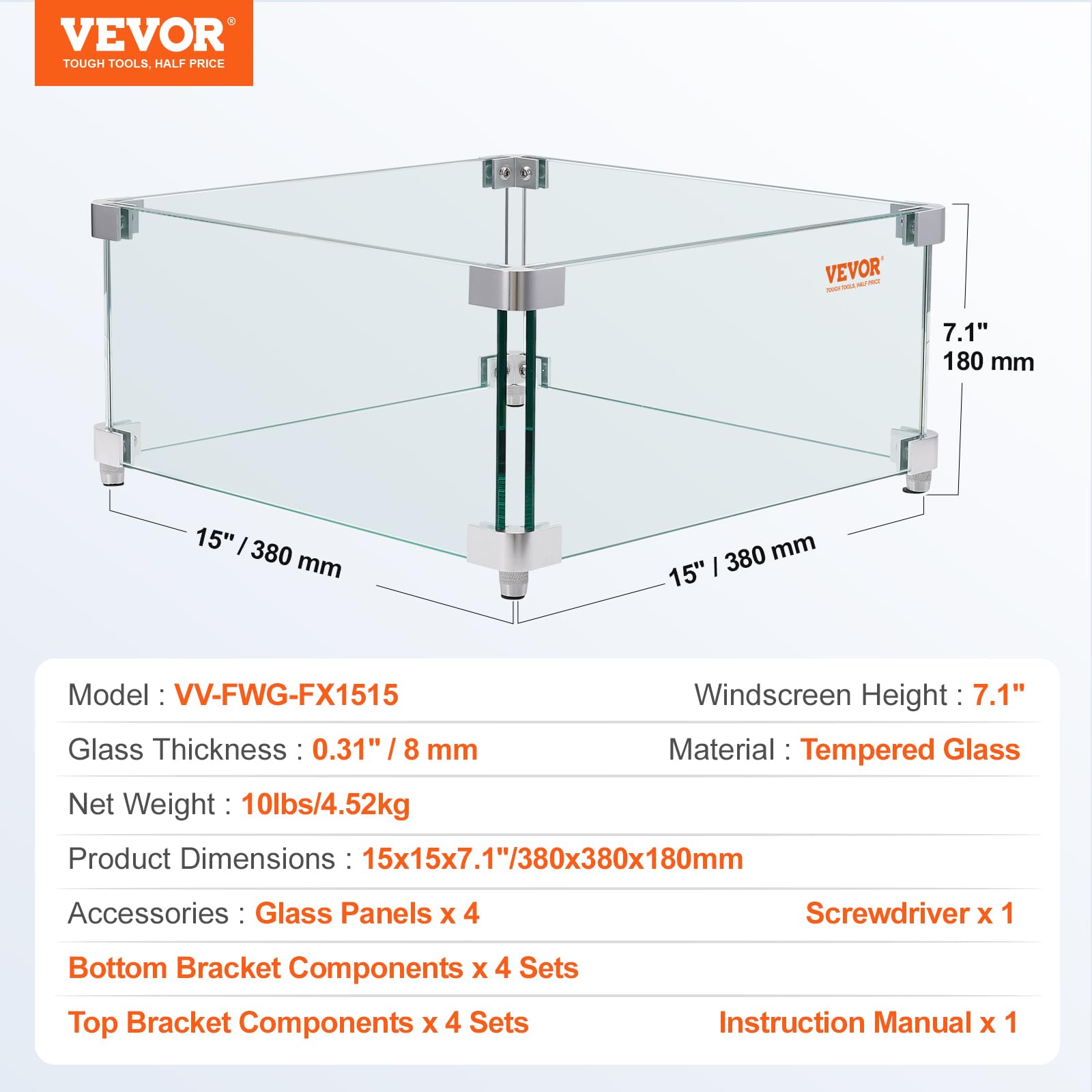 VEVOR Pare-vent pour Foyer à Gaz, 380x380x180 mm Pare-vent en Verre Trempé pour Brasero Écran de Protection Carré Pare-flamme Robuste Coupe-vent Stable Épaisseur 8 mm avec Support de Coin Dur et Pieds