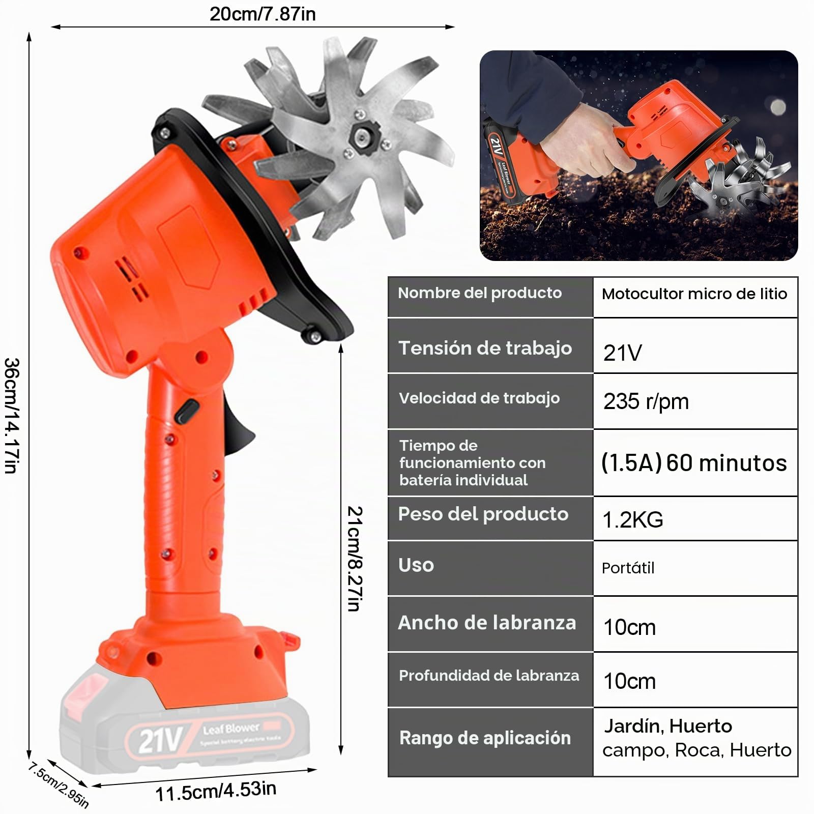 Motoazada Bateria,21V Motoazada Eléctrica (sin batería),Ancho de Corte 10cm,Profundidad 10cm,550W 235rpm Jardín Fresa con Doble Interruptor de Seguridad,para Granjas,Parques,Jardines,Huertos