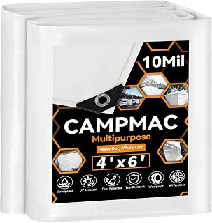 White Heavy Dut Waterproof Tarp 4' x 6', 10 Mil Thick, High Durability, Rip and Tear Resistant with Metal Grommets Every 20 Inches