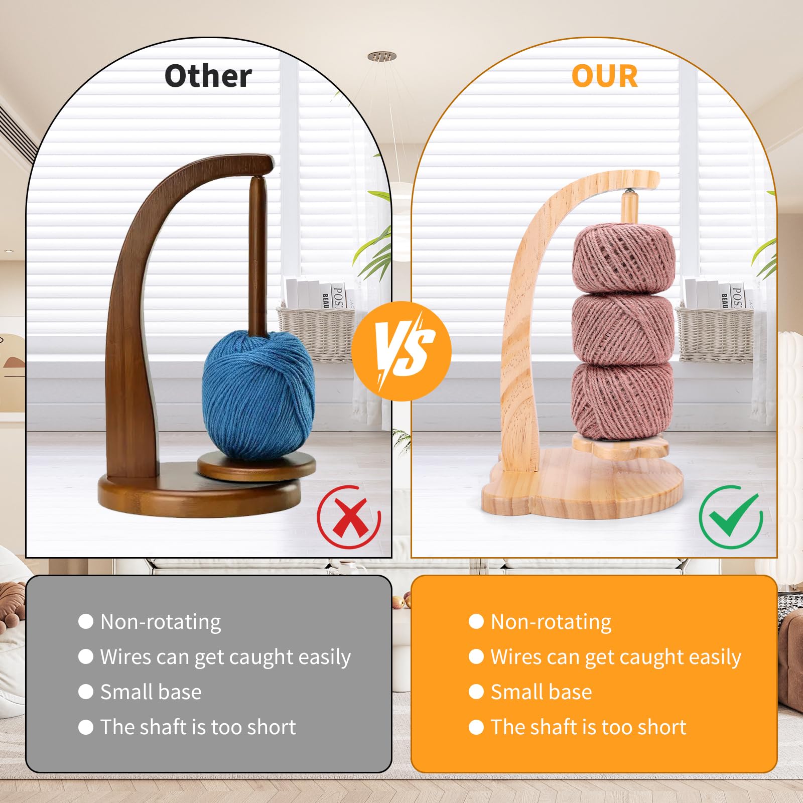 Wooden Yarn Holder for Crochet & Knitting, Magnetic Rotating Yarn Spinner Rack, Stable 320g Yarn Shaft Dispenser - Image 3
