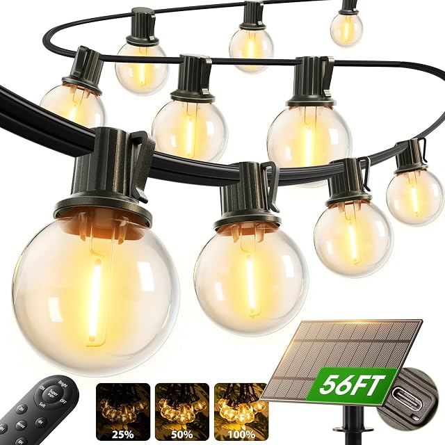 addlon 50FT Solar Lights Outdoor with Remote, 27 Shatterproof G40 Bulbs, Solar Powered & USB Charging Solar Outdoor Lights, Dimmable Waterproof Solar String Lights for Outside, Camping, Backyard