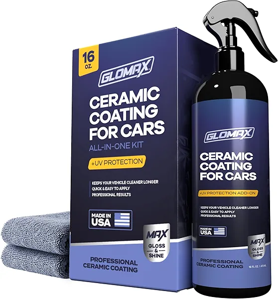 GLOMAX Ceramic Coating For Cars (16 oz.) - Hydrophobic Ceramic Car Wax Spray With Added UV PROTECTION - LONG LASTING Shiny Car Stuff - Spray Wax For Cars With 2 Micro Fiber Towels, Waterless Wash