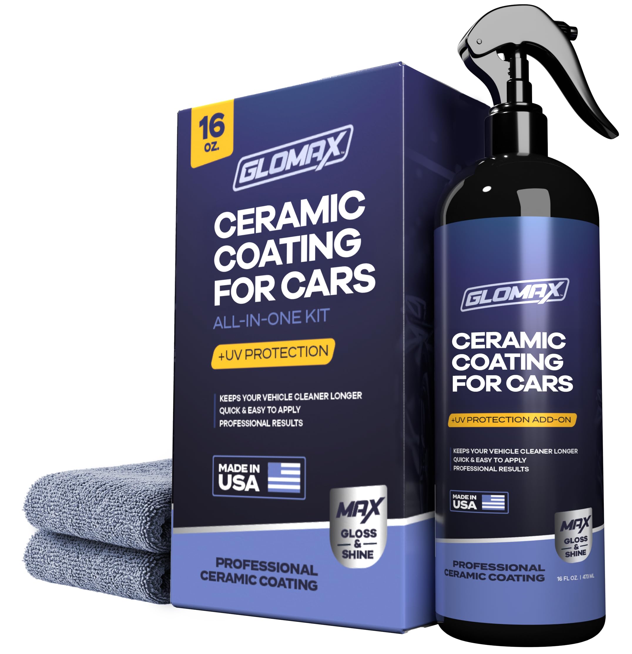 Ceramic Coating For Cars (16 oz.) - Hydrophobic Ceramic Car Wax Spray With Added UV PROTECTION - LONG LASTING Shiny Car Stuff - Spray Wax For Cars With 2 Micro Fiber Towels, Waterless Wash