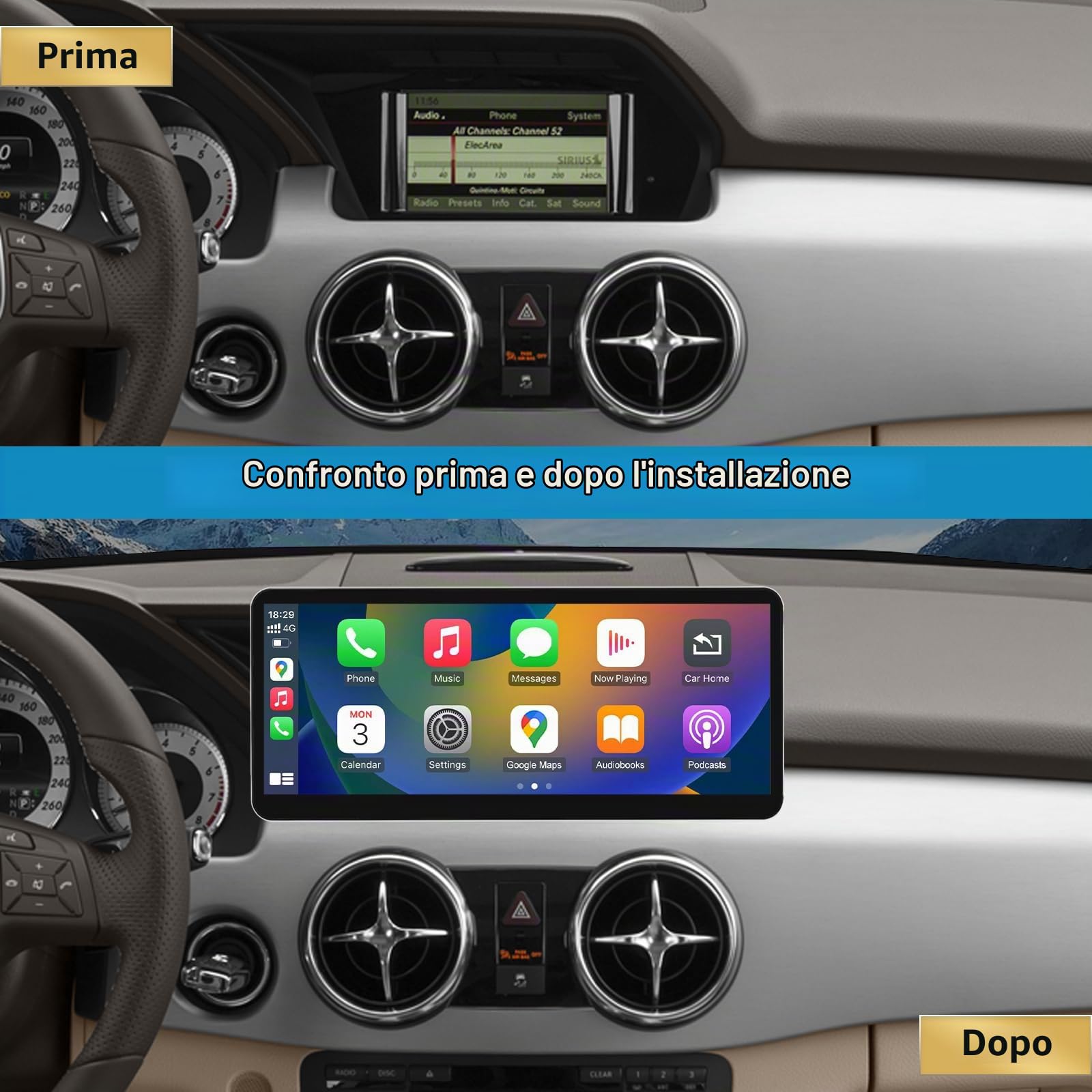 Autoradio con schermo touch da 12,3 pollici, con Carplay wireless e Android Car per Mercedes Benz GLK Classe X204 2013-2015 NTG4.5/4.7, supporto Mirrorlink, telecamera, navigazione