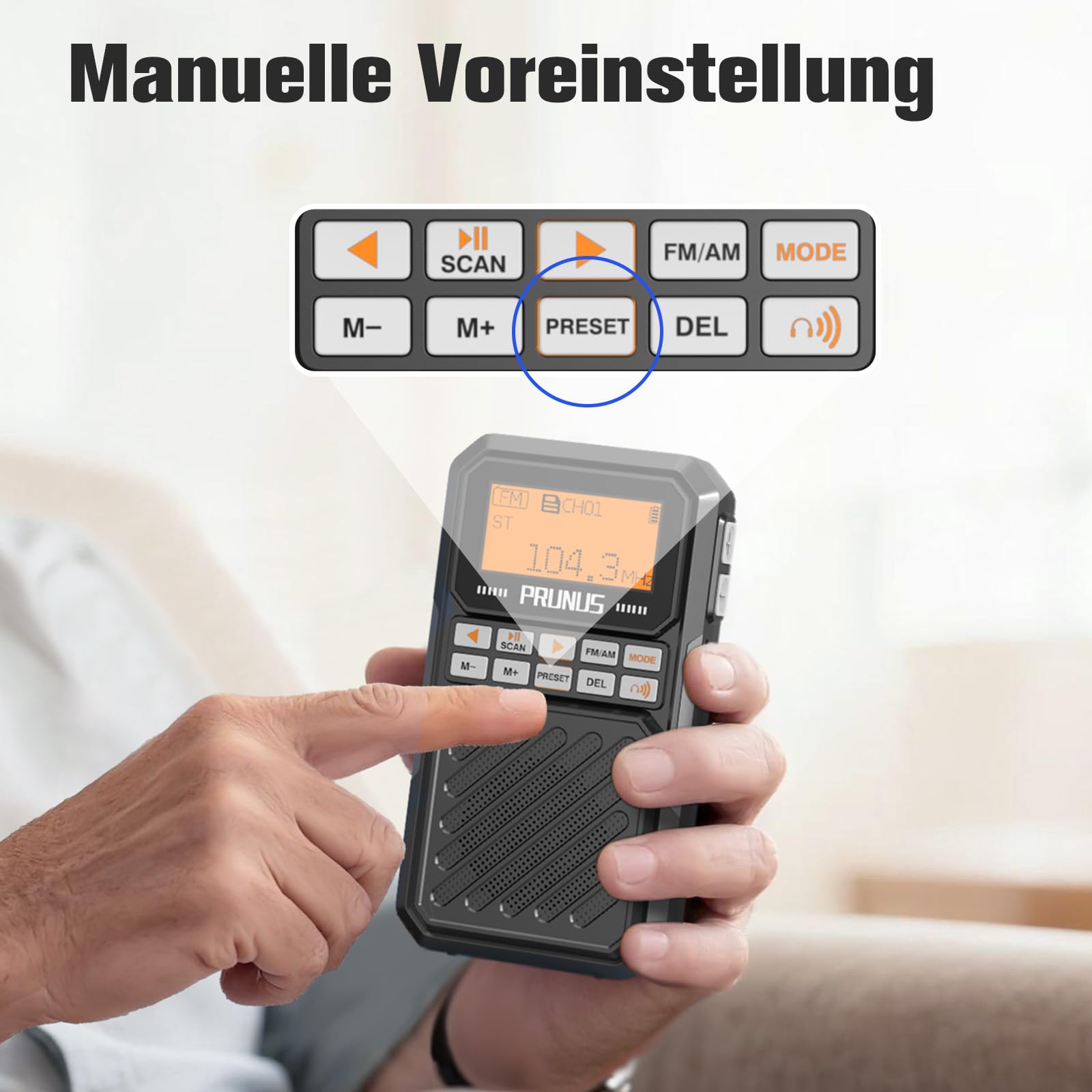 PRUNUS J-525 AM/FM/UKW Kleines Radio mit Bluetooth- Kopfhörern Verbunden, Digital Radio mit 2500mah Akku, Mini Radio unterstützt Manuelle Senderspeicher, Sleep Timer, 3,5-mm-Klinke, MP3/TF