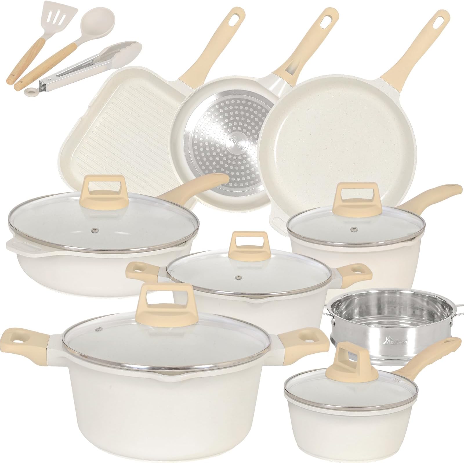 Romswi 23pcs Pots and Pans Set Non Stick, Kitchen Cookware Set with Casserole, Frying & Saucepans, Oven Safe & Stovetop Agnostic Non Toxic Cookware(Gas, Electric & Induction) - White